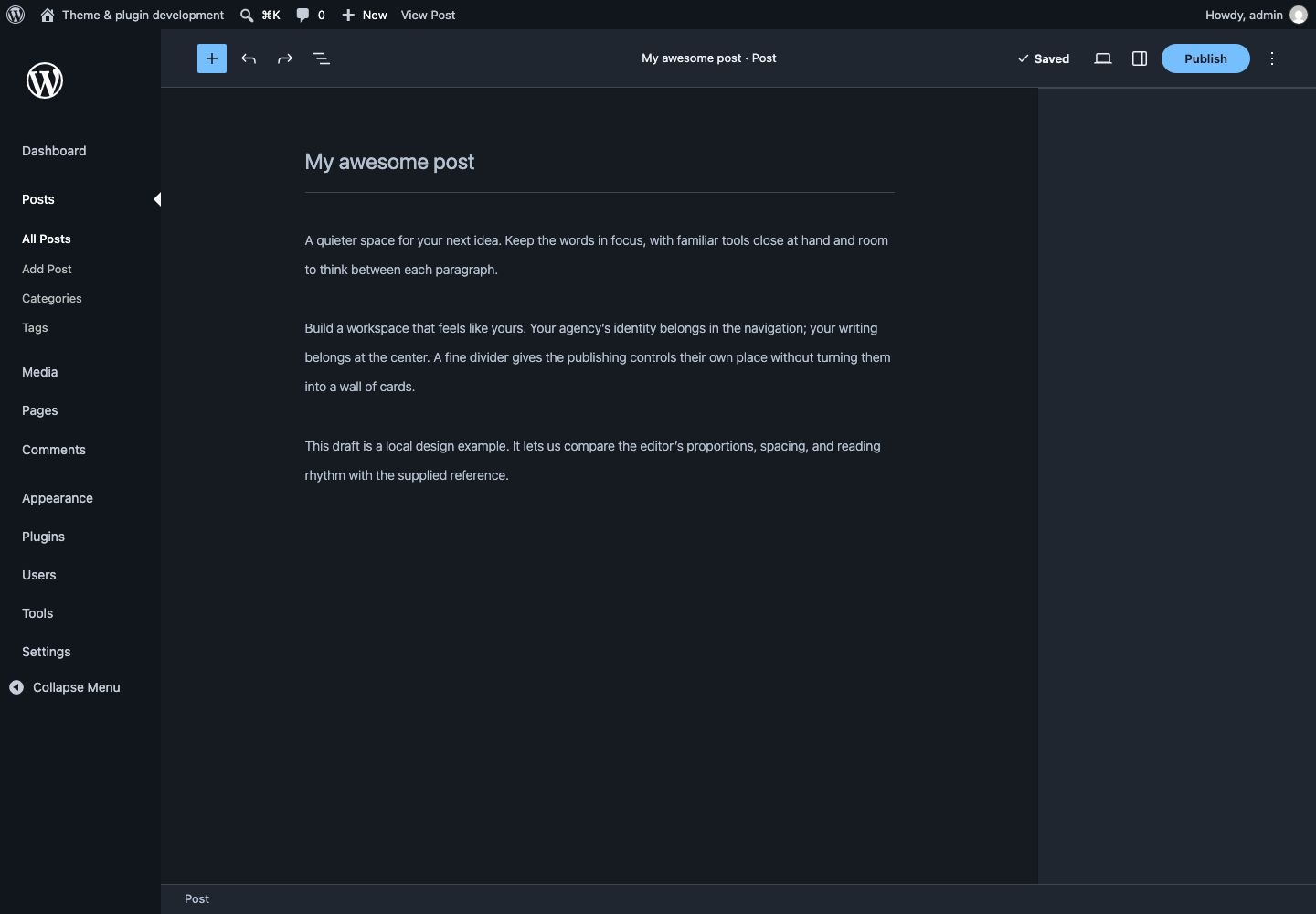 WordPress post editor with Admin Lab dark appearance enabled